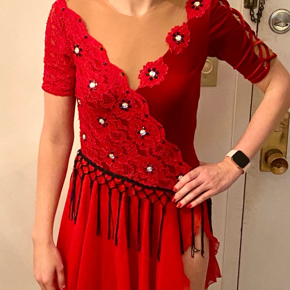 GORGEOUS Stoned Spanish/Tango Red Figure Skating Ice Dance Dress - Picture 4 of 8